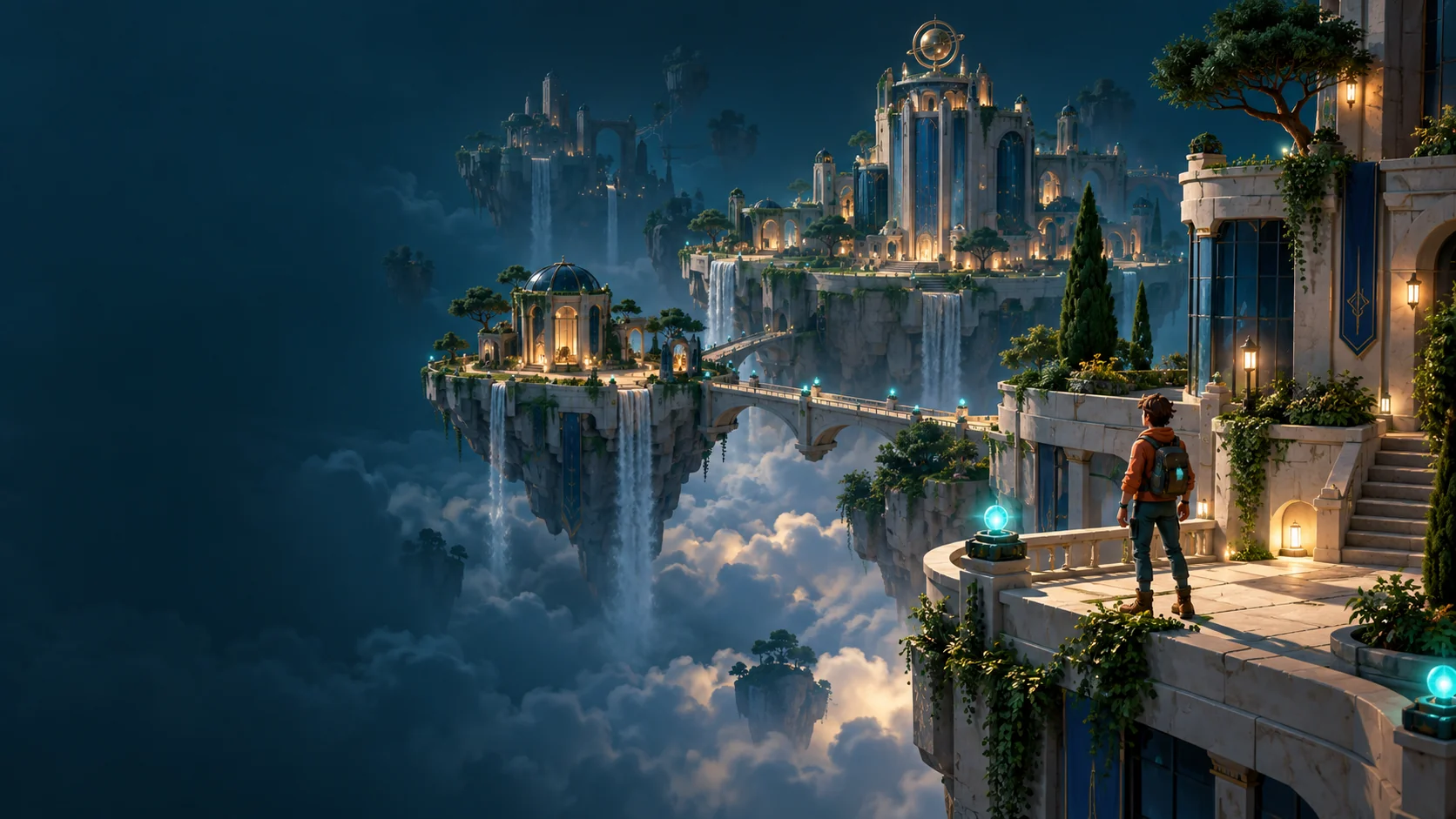 STOCKLANDS concept art: a young explorer looks over a floating city linked by illuminated bridges